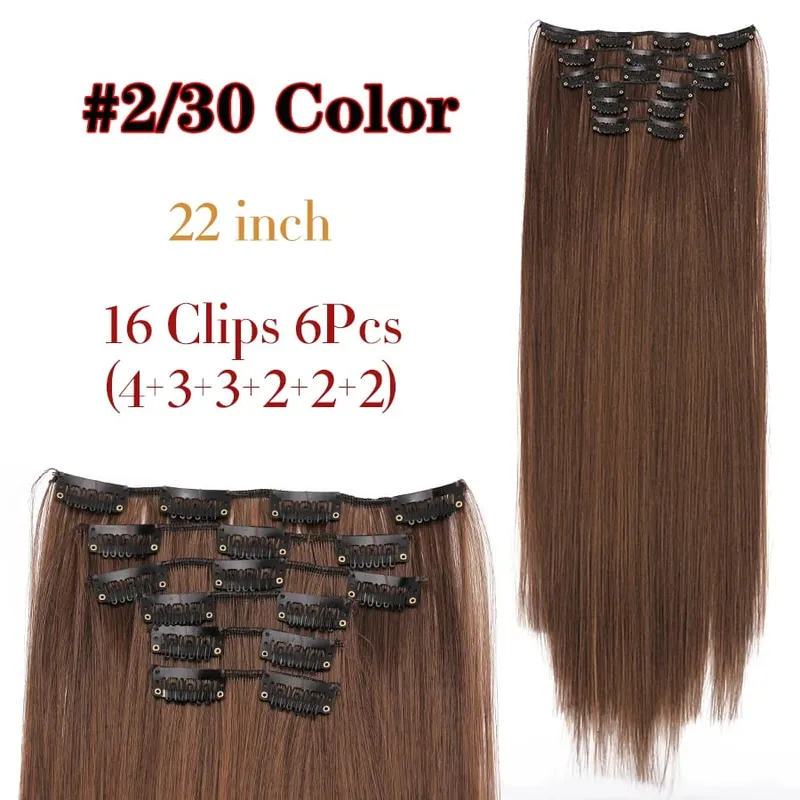 Black Clip In Extensions Straight 22" Long Synthetic Thick Clips On Hair Piece For Women 6Pcs/Set Curly Full Head Weddings Daily