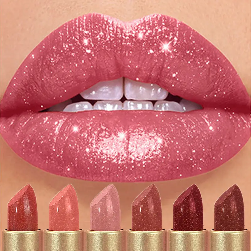Diamond Pink Lipstick Chocolate Brown Metallic Glitter Lipstick Long-Lasting Waterproof Shimmer Pearl Sparkling Lip Gloss Makeup