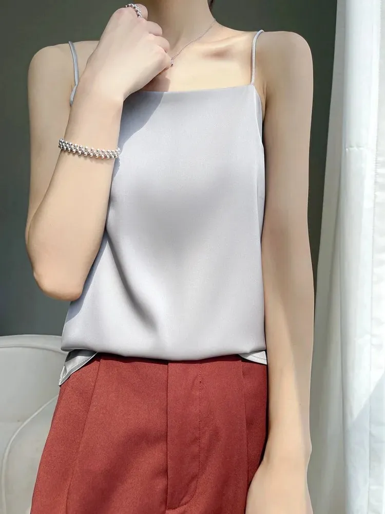 Silk Satin One-Shoulder Sexy Strap Vest Women's Sleeveless Suit Inner Wear Base Shirt Backless Commute Style Pure Color Summer
