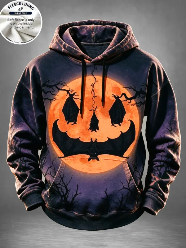 English: Halloween Haunted House Ghost Pumpkin Bat Print Hoodie Men Fleece Lined POD Sweatshirt Casual Long Sleeve Pullover