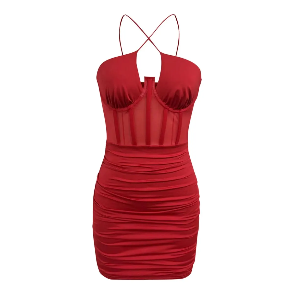 Women's Sexy Strapless Mini Dress Mesh See Through Strap Fish Bone Corset Short Dresses Solid Color Slim Fit Pleated Vestidos