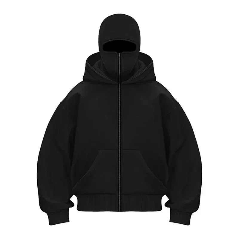 Pasamontañas moda personalidad Sudadera con capucha hombres Color sólido doble capa Sudadera con capucha Y2k Retro Hip Hop ropa de calle de invierno