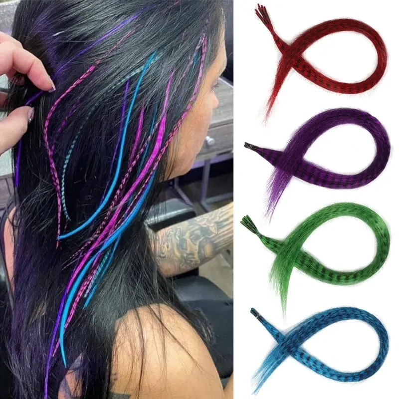 10 Buah Ekstensi Bulu Sintetis Pelangi Multiwarna Pengaya Rambut 16 Inci Cocok untuk Wanita — image 2