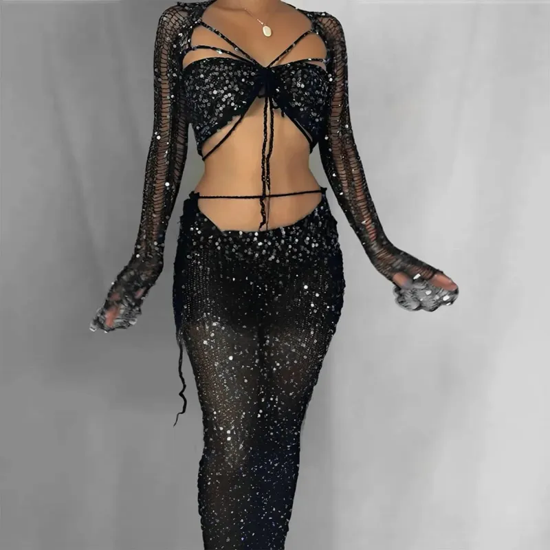 Sexy Hollow Out Sequined Knitted Dresses Summer Women Slim Dress Sets Long Sleeve Cutout Crop Top Beach Vacation Long Skirt Set