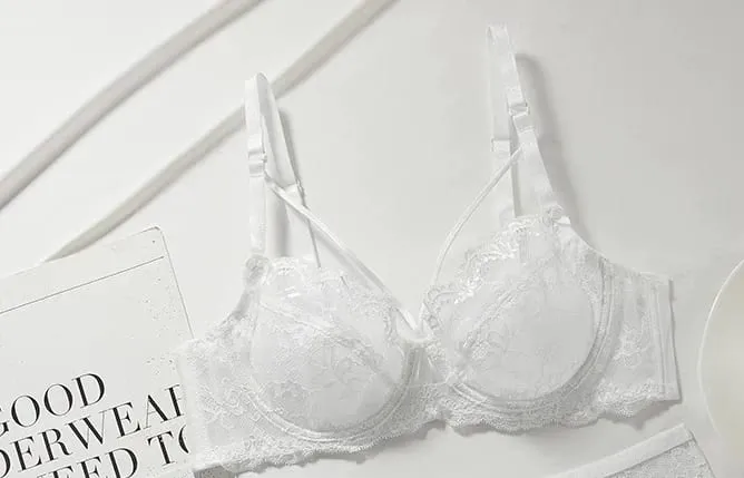 Women's Ultra-Thin Lace Lingerie Set Soft Wire Bra with Push-Up Support Designed to Minimize Bust Appearance and Prevent Sagging