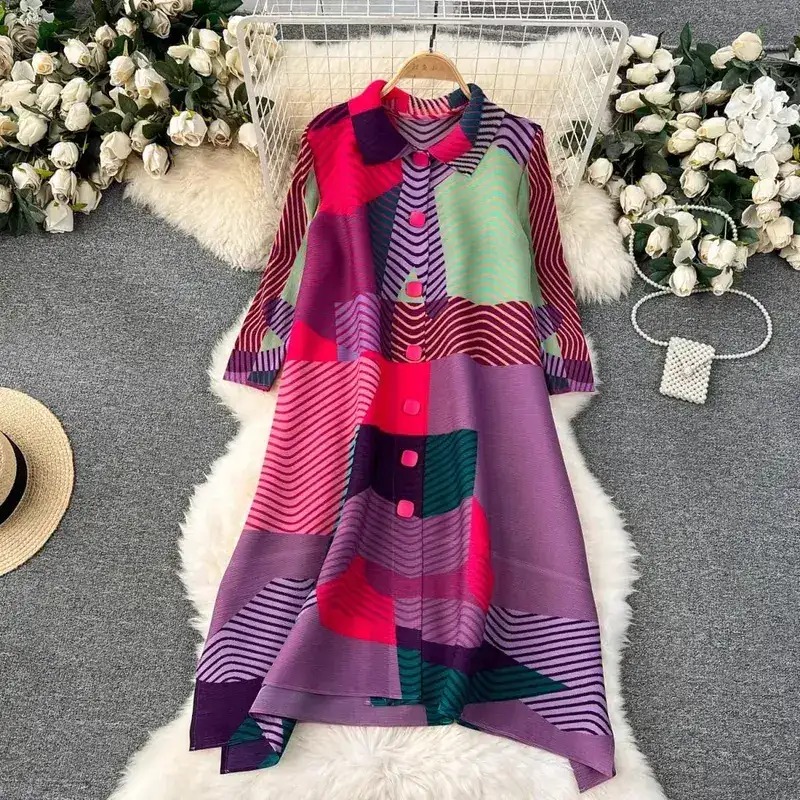 Miyake Abito drappeggiato a pieghe Donna 2024 Primavera Estate Colorblock Stampa Risvolto Manica 3/4 Abiti camicia monopetto moda