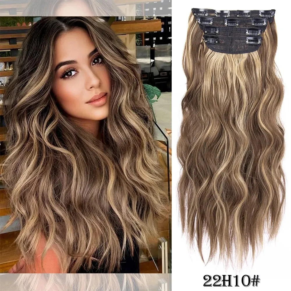 Leeons Wavy Clip In Hair Extensions 4 PCS Natural Soft Long Wavy Hairpieces Thick Double Weft Clip In Hair Extensions For Woman