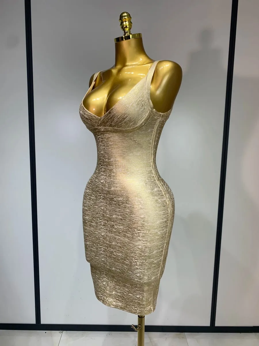 高品質名人優雅金色緊身繃帶洋裝女式性感夜店晚會奢華生日禮服背心