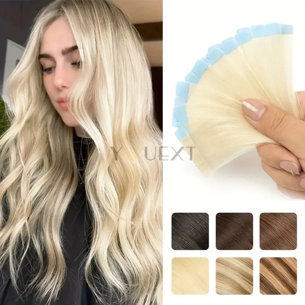 Mini Tape In Human Hair Extensions Invisible Seamless Adhesive Tape Hair 12-24 inches Natural Straight Hair 10pcs/pack — image 1