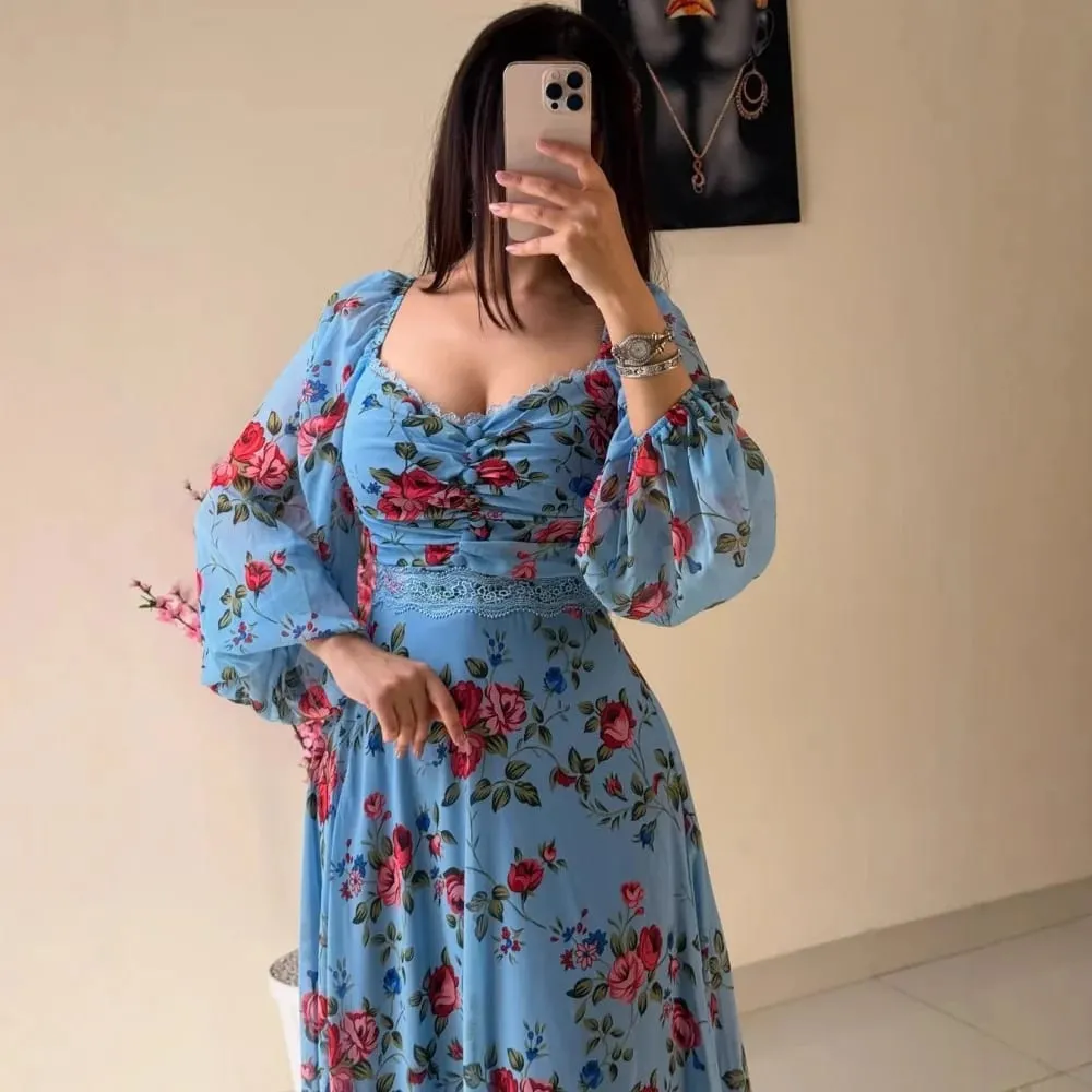2025 Spring Summer American New Fashion Women's Printed Lace V-neck Long Sleeve Ankle Length Casual Trendy Chiffon Dress Female — image 6