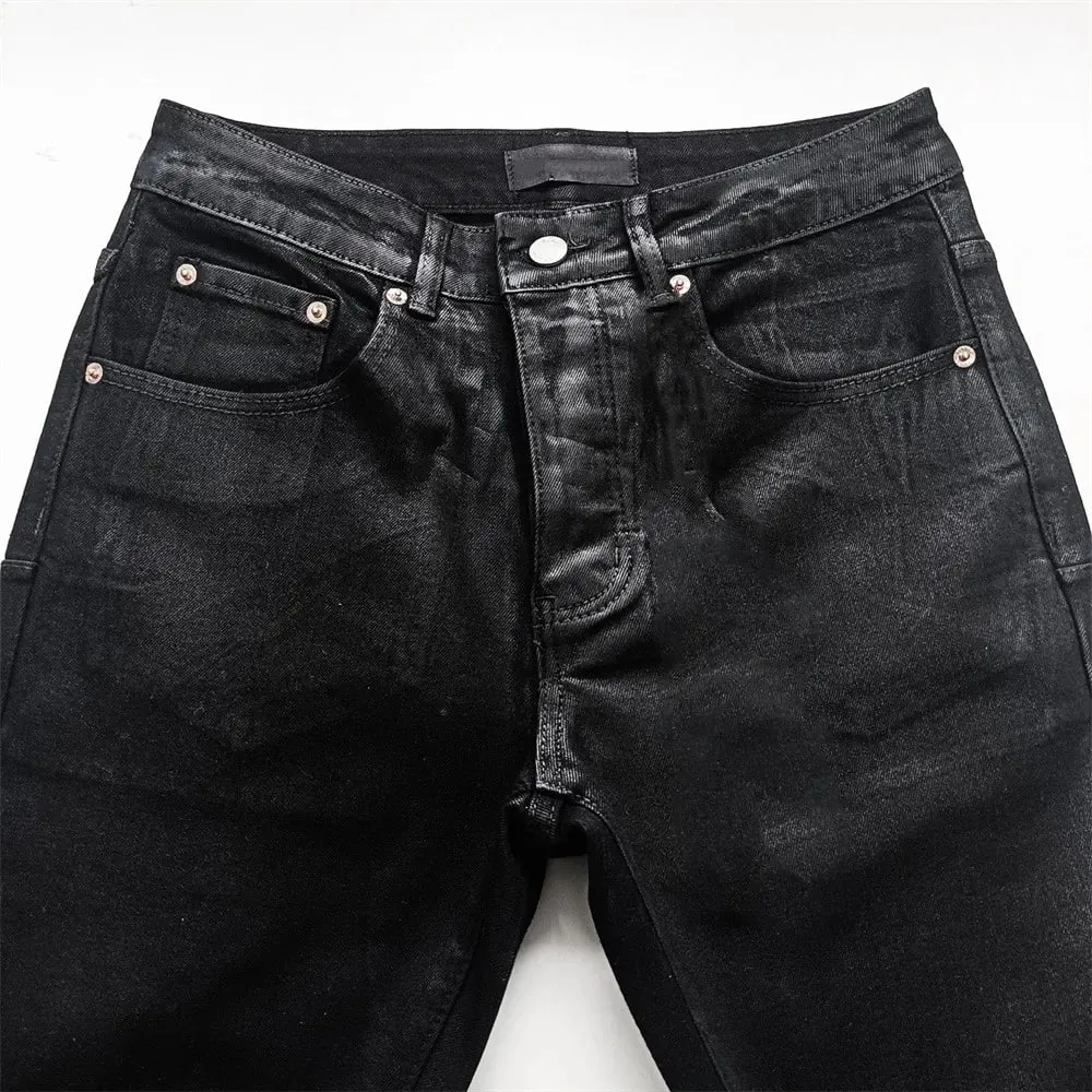 Jeans Men Fashion Classic style Retro Wash black paint Hole Repair Low Rise Stretch Skinny Pleated Ripped Frayed Jeans Trousers — image 3