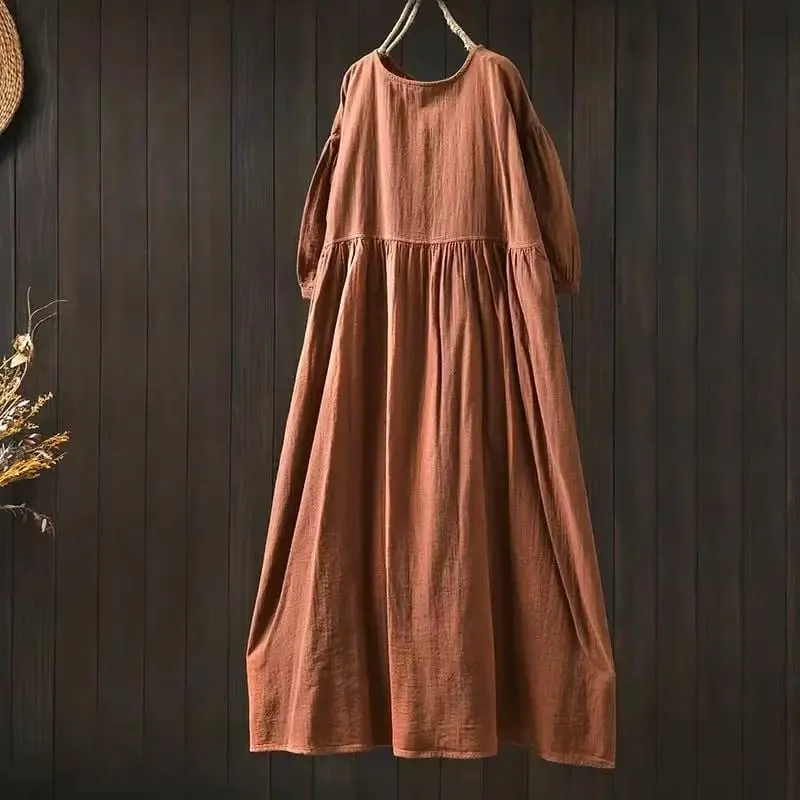 Johnature Women Vintage Cotton Dresses O-Neck Half Sleeve Soft Solid Color Robes 2025 Summer New Casual A-Line Female Dress