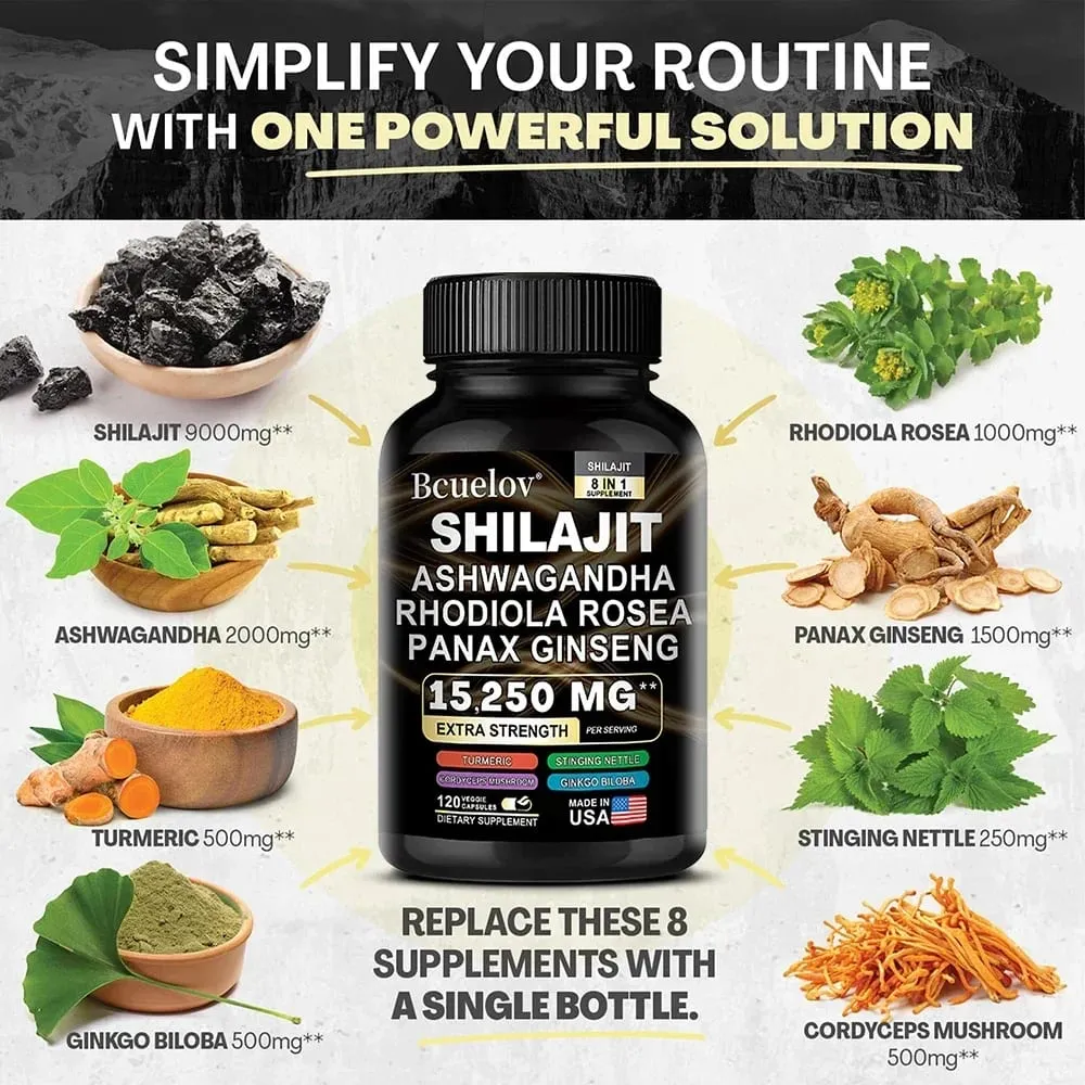 Shilajit 9000 Ginseng 1500MG Ashwagandha 2000MG - 8'i 1 Arada Doğal Bitki Kompleksi Ekstraktları Enerji Bağışıklık Kas Gücü Sağlar