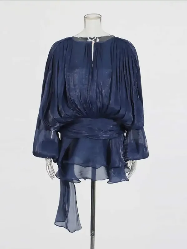 Solid Blouse Mini Dresses For Women V Neck Long Sleeve Spliced Lace Up Sweet Style Dress Female Clothing Fashion