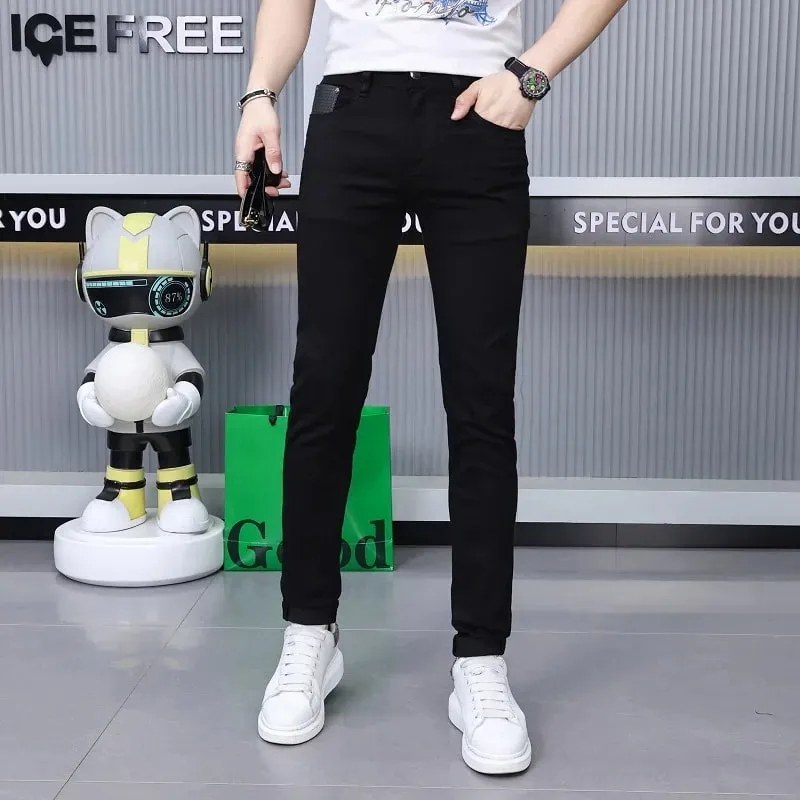 Pure Black Jeans Men's High-End Stylish and Personalized Fashion2024New Slim Fit Skinny Men's Clothing Summer Thin Trousers