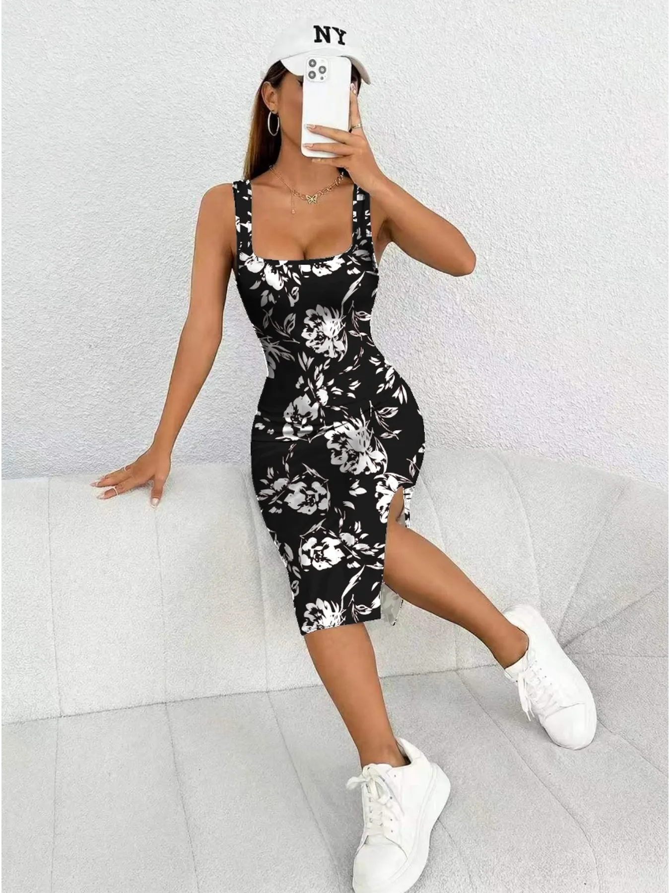 Women's Summer Casual Elegant Comfortable Square Neck Geometric Pattern Floral Pattern Slit Dress Mid Length Skirt — image 3