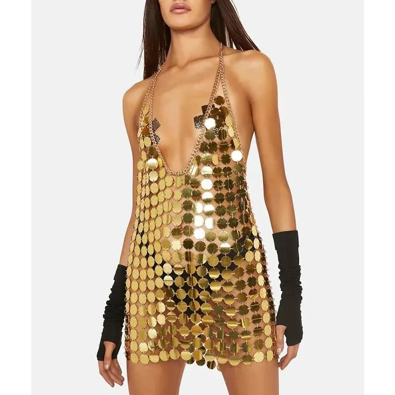 Damesmode Mouwloos Sexy Backless Glitter Zwart Goud Chainmail Pailletten Patchwork Mini-jurken Diana Silver Disc-jurk