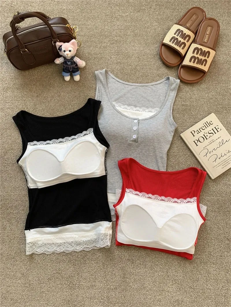 Women Fake Two Piece Lace Trim Tank Tops With Built-in Bra Pads Ribbed Viscose Sleeveless Camisole Slim Fit Crop Vest A6493