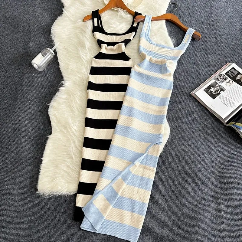 2024 Stripe Summer Elastic Split Bodycon Dress Sexy Beach Vacation Sundress Women Casual Slim Pencil Vestidos Maxi Long Dress — image 1