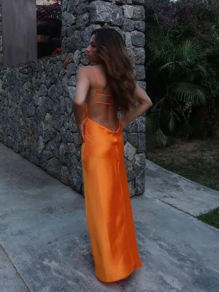 Katı Backless Leke Maxi Elbise kadın Rahat Spagetti Kayışı V Yaka Yüksek Bel Elbiseler 2026 Bayan Yaz Tatil Partisi Törenlerinde