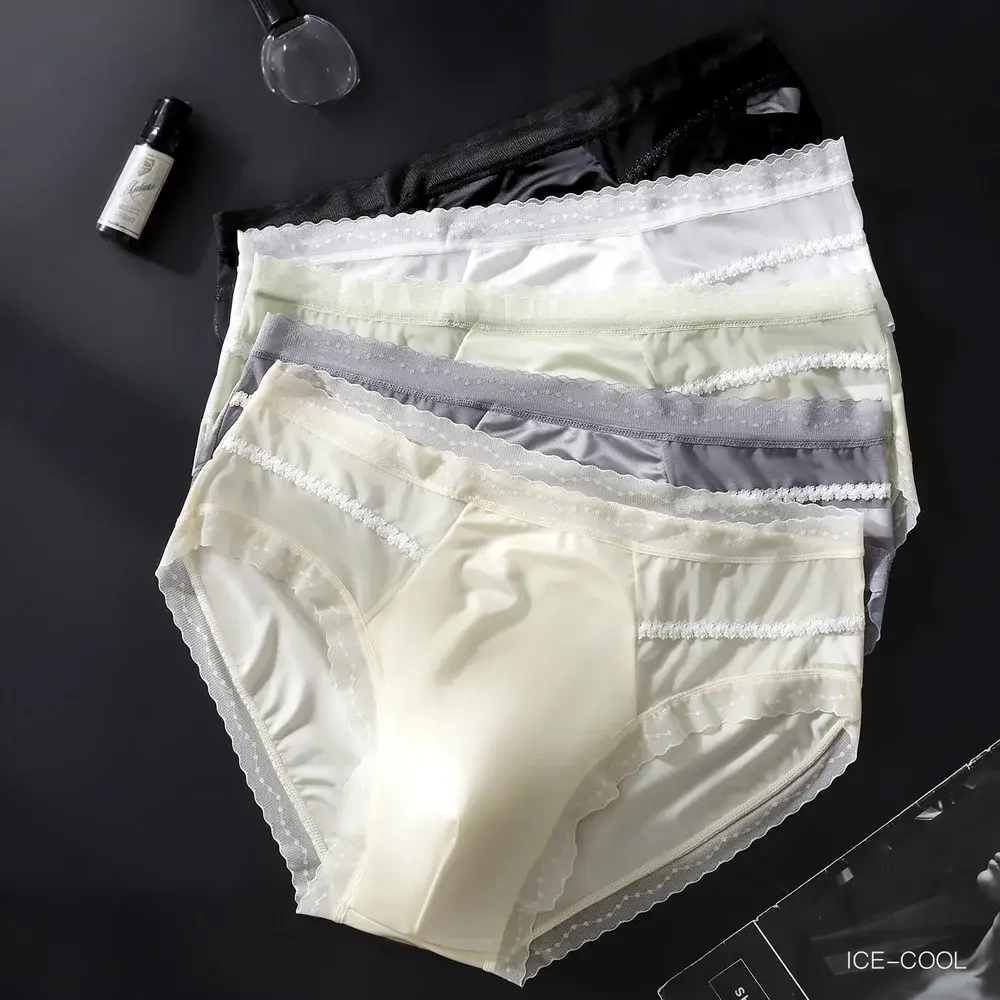 Men's Low Waist Triangle Underwear Sexy Elastic Lace Trim Silk Pouch Ultra-Thin Seamless Underpants plus Size Lingerie