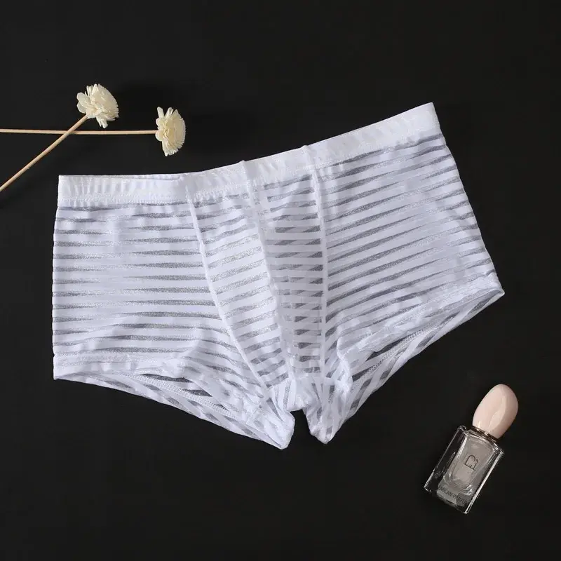 Transparent Underwear Sexy Men Ice Silk Striped Boxer Trunk Breathable Underpants U Convex Pouch Panties Man Boxer Briefs Short
