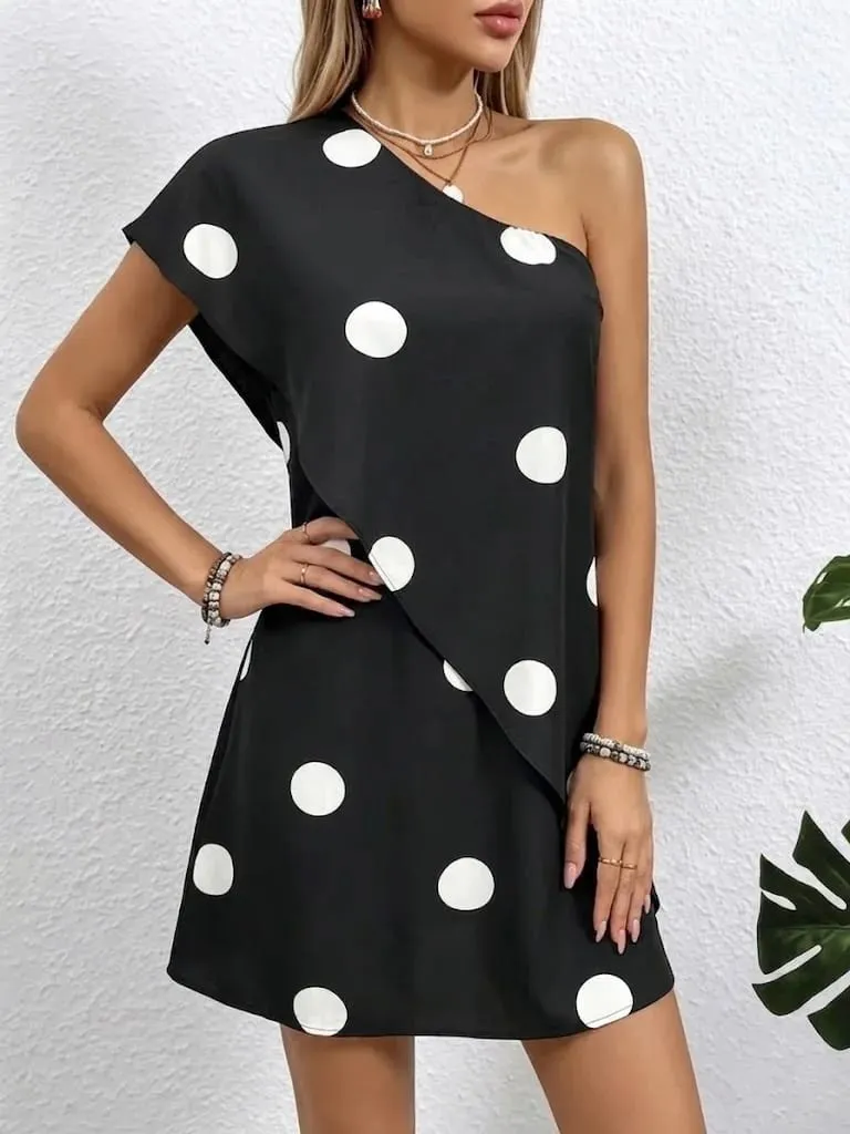 Ladies Elegant Casual Simple Polka Dot Print Ruffle Hem Dress Women's Fashion Round Neck Short Sleeve Dress