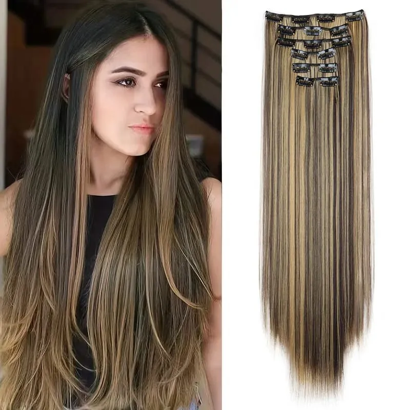 24Inch Synthetic 6pcs/set Long Straight Clip-in Hair Extension Heat Resistant Fiber Hair for Women Hair Accessories — image 2