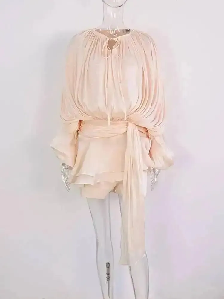 2026 Bagong Tag-init na Fashion Pambabaeng Damit Round Neck Lantern Sleeves Satin Short Dress Na May Shorts Sa ilalim ng Dalawang pirasong Set