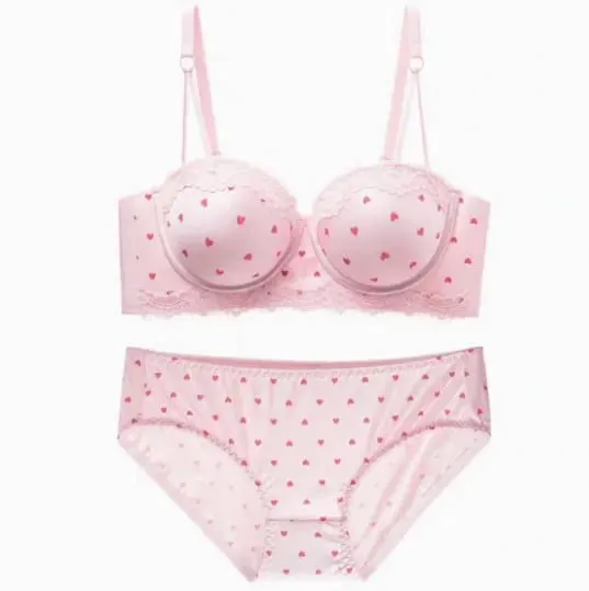 Set reggiseno in pizzo a cuore per ragazze dolci Lingerie push up sexy per seno piccolo Intimo con supporto laterale anti-cedimento 32‑38AB Set reggiseno