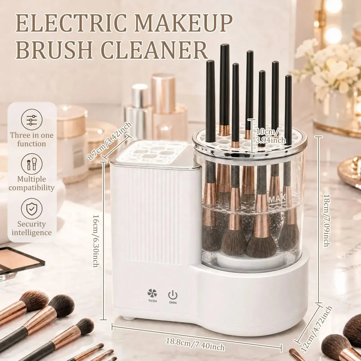 3 I 1 Elektrisk Makeup Brush Cleaner Machine Makeup Brush Automatisk rengøringstørrer værktøj til skønhedsbørster i alle størrelser Hurtigttørrende — image 6