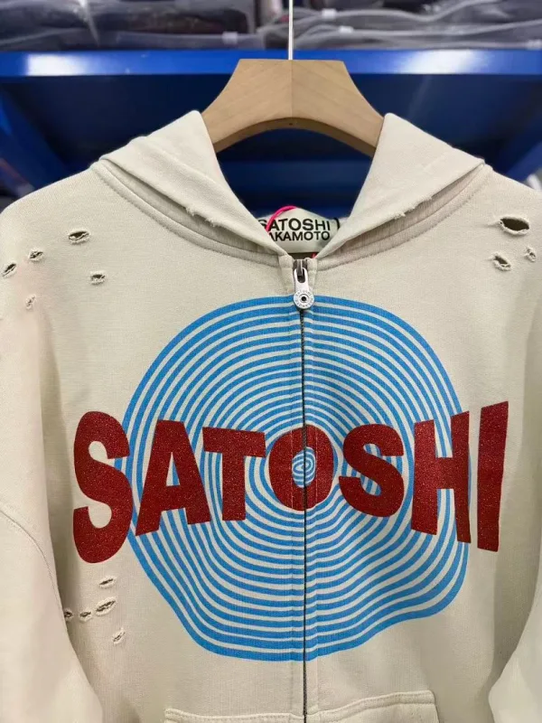 New Arrival Satoshi Zip Hoodie Destroyed Hole Design Loose Cotton Casual Outdoor Jacket Tops