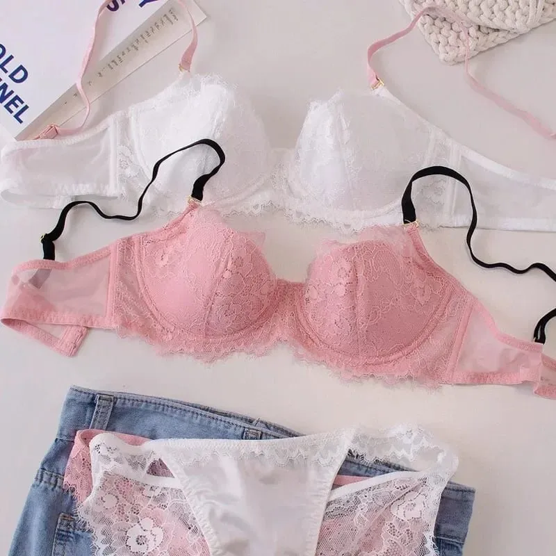 Sexy Lace Bralette & Panty Set with Push Up Steel Ring Large Size Thin Lingerie for Women