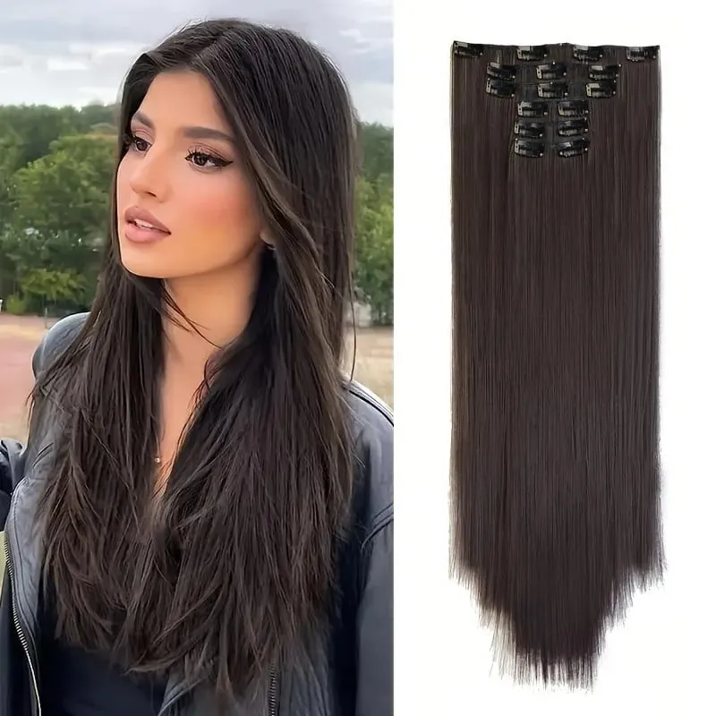 Clip In Hair Extensions Hair Extensions Thick Long Lace Weft Lightweight Synthetic Hairpieces For Women Chocolate Brown With Go — image 8