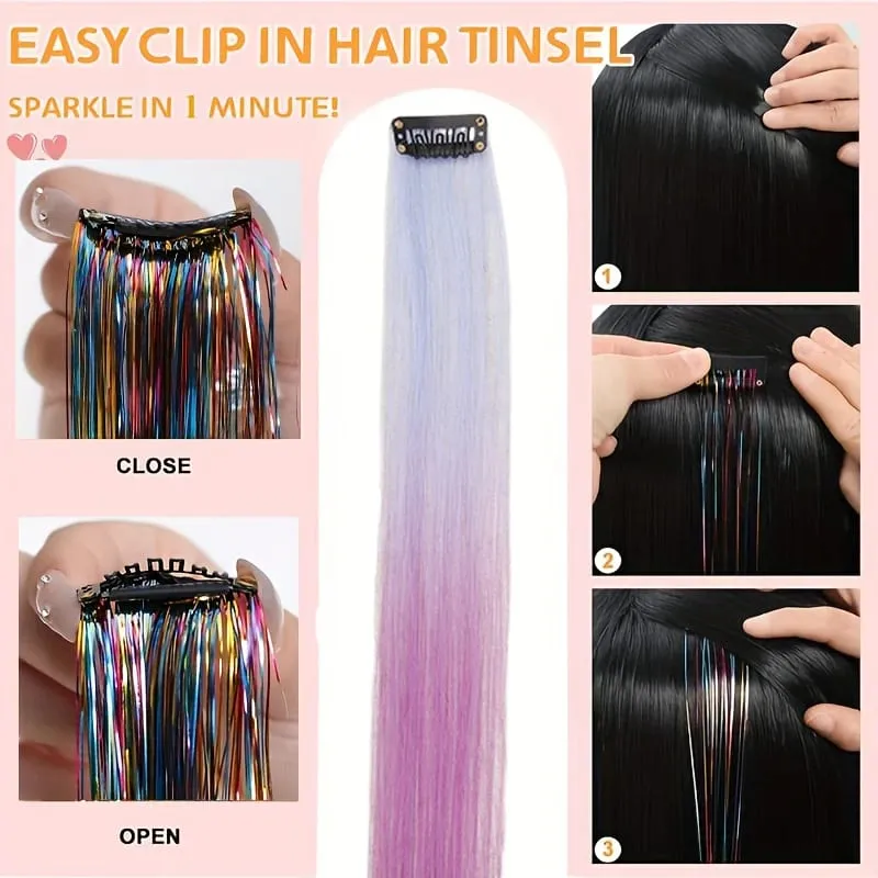 2Pcs Pack Two-Tone Ombre Highlight Clip in Wig Straight Hair Piece Synthetic Fiber Comb for Daily Party Look