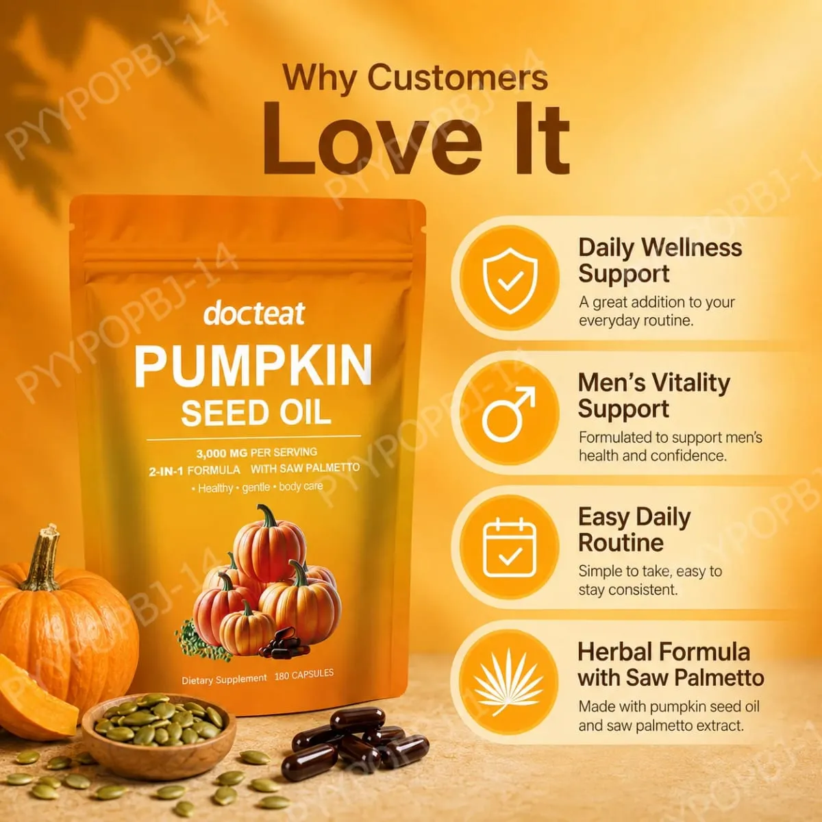 Docteat Pumpkin Seed Oil na may Saw Palmetto Capsules 2-in-1 na Formula para sa Prostate at Bladder Function Support 180 Capsules — image 4