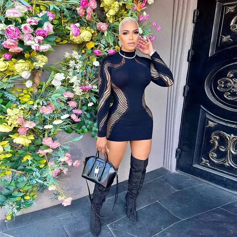 Vrouwen Sexy Hollow Out Mini Jurk Mesh Lange Mouw Naadloze Party Clubwear Bodycon Uitsparing Mini Jurk