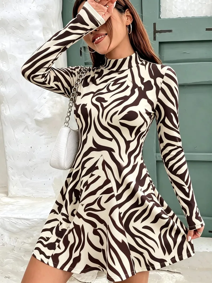 Women's Autumn Casual High Neck Mini Dress Solid Color Geometric Pattern Long Sleeved Waist Cinched A-Line Skirt