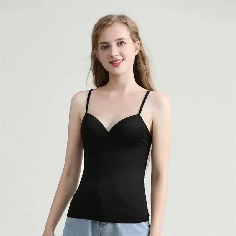 New Adjustable Padded Bra Tank Top Women Modal Spaghetti Solid Cami Top Vest Female Camisole With Built In Bra Fitness Clothing
