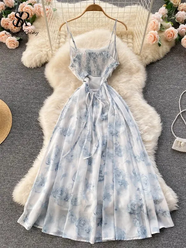 Wanita Floral Spaghetti Strap Dress Elastik Ruched Seksi Hollow Backless Party Dress Summer Boho Holiday Beach Sundress