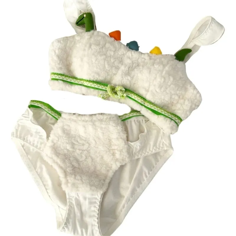 Lingerie invernale da donna con motivo panda a cartoni animati, reggiseno e mutandine in peluche peloso, biancheria intima per cosplay di anime giapponesi, scolaretta