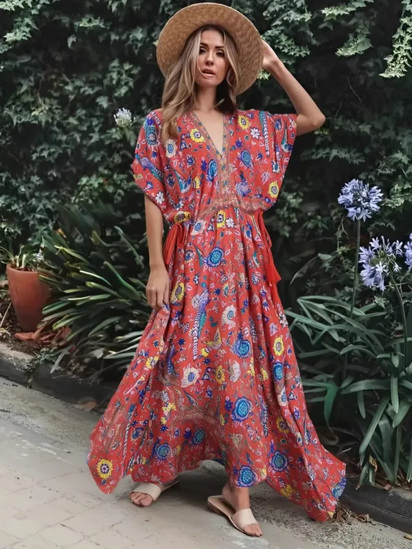 Boho Queens Mulheres Pavão Floral Impressão Manga Morcego Praia Boêmio Maxi Vestidos Senhoras V Neck Tassel Vestido de Verão