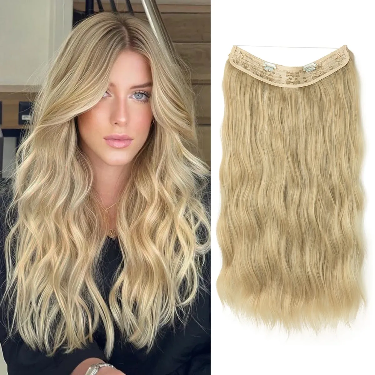 Synthetic Wave Invisible Wire With Clips Hair Extensions Fish Line Natural Blonde Clip In Hairpiece Fake Hair Piece
