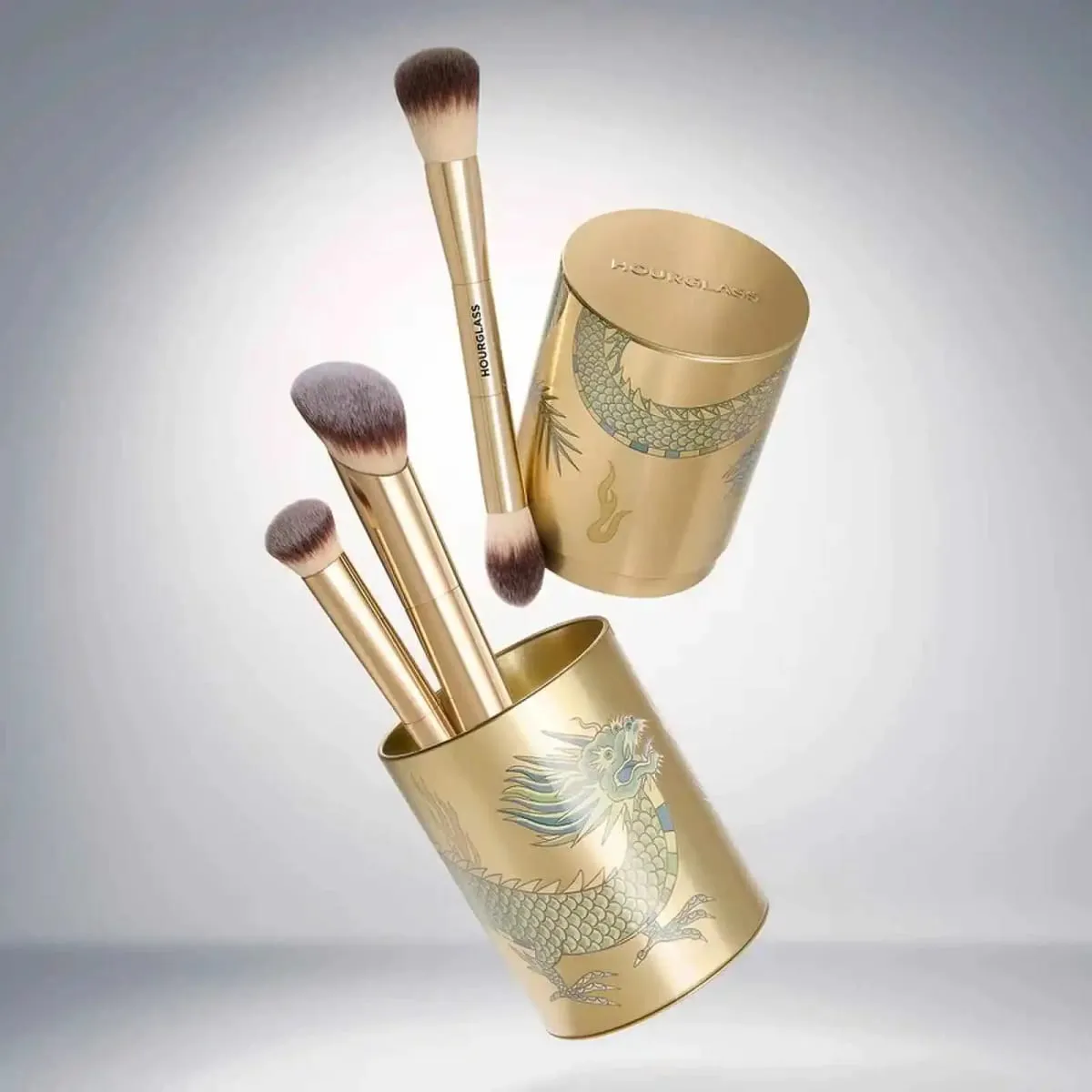 Complexion Essentials Brush Set -Dragon series 3 makeup brushes with a Packaging box and a Brush bucket