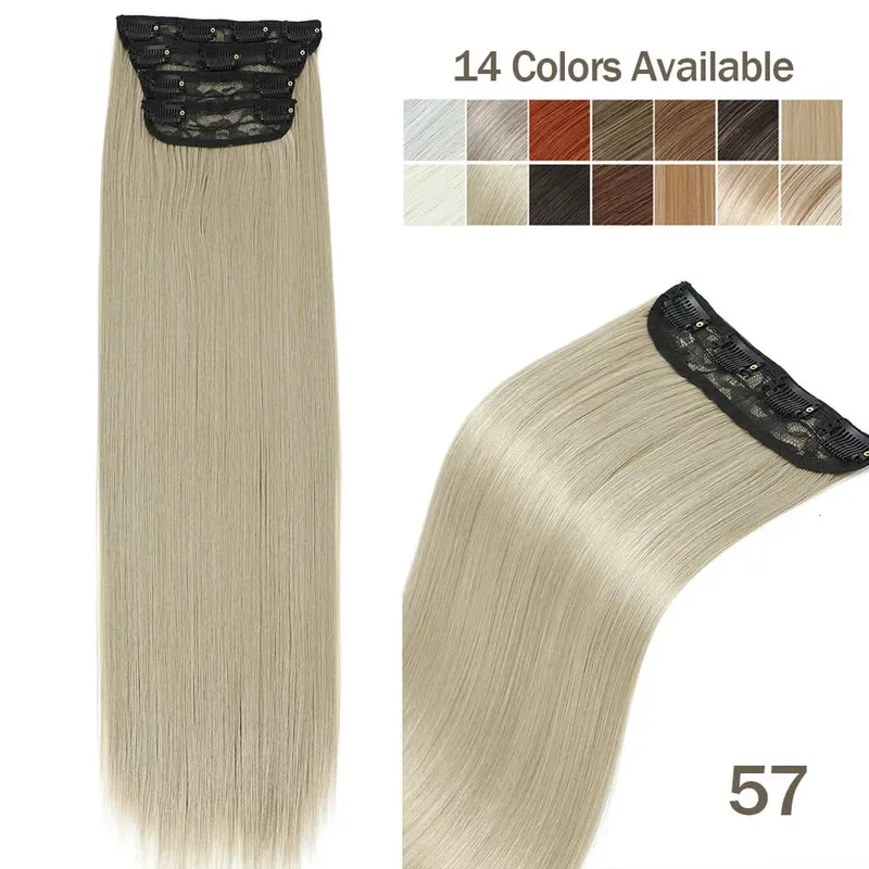 4Pcs 24 Inch Clip In Hair Extensions 200g Colored Brown Blonde Synthetic Heat Resistant Straight Hairpieces Thick Ends For Women
