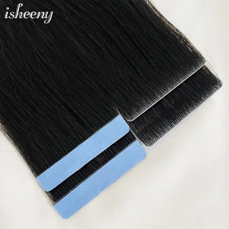 머리 확장에 Isheeny 보이지 않는 테이프 12 "16" 20 "피부 Weft 테이프 Ins 10pcs 자연 스트레이트 기계 레미 인간의 머리카락 제작 — image 2