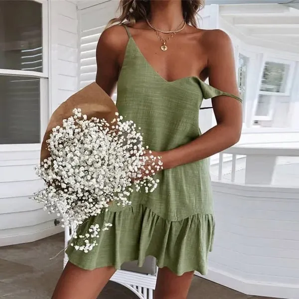 Dress Women Sexy Spaghetti Strap Ruffle Summer Dress 2026 Cotton Linen Vestidos Green Dresses Off Shoulder Sexy Mini Sundress — image 6