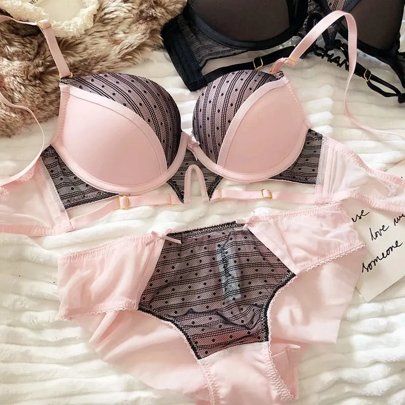 Sexy Hollow Underwear Set for Women 3/4 Cup Push Up Bra Lace Splicing Color Brassiere and Panties Ladies Intimates Lingerie — image 7