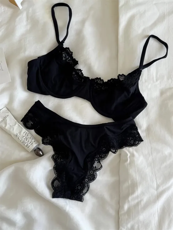 Rosa sem forro conjunto de sutiã de copo completo underwire renda guarnição elevador confortável minimalista sem costura sutiãs e calcinha todos os dias
