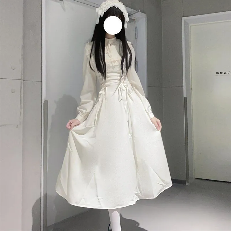 French Elegant Lace Long Sleeve Dress Women Hight Waist Patchwork Dresses Lolita Fashion Kawaii New Lace Up Vestidos Female